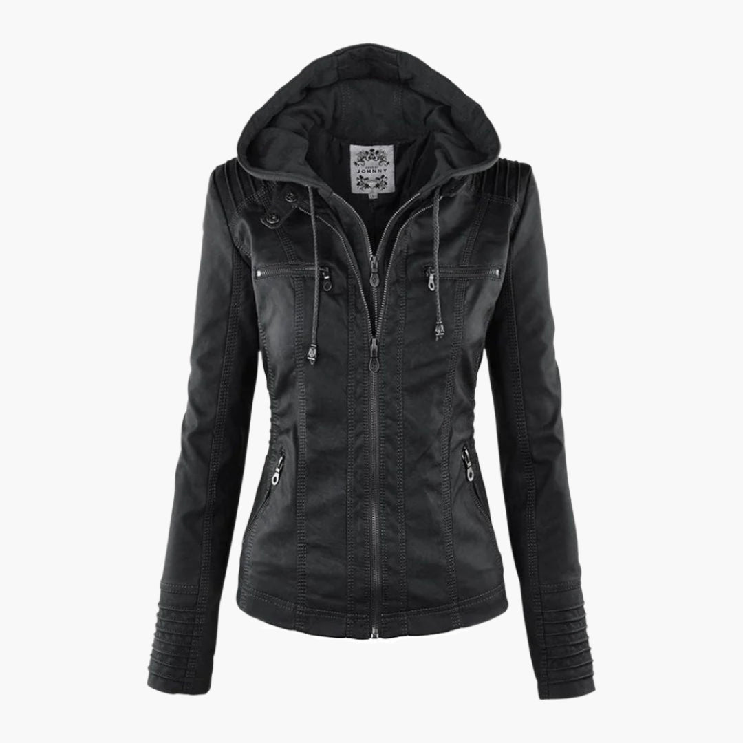 Giacca autunnale da donna con cappuccio – Giacca in pelle vegana alla moda per tutti i giorni e tempo libero