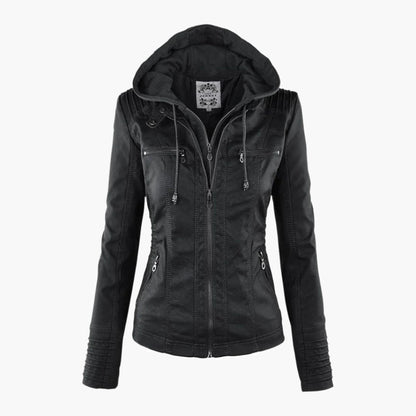 Giacca autunnale da donna con cappuccio – Giacca in pelle vegana alla moda per tutti i giorni e tempo libero