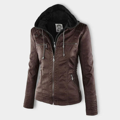 Giacca autunnale da donna con cappuccio – Giacca in pelle vegana alla moda per tutti i giorni e tempo libero