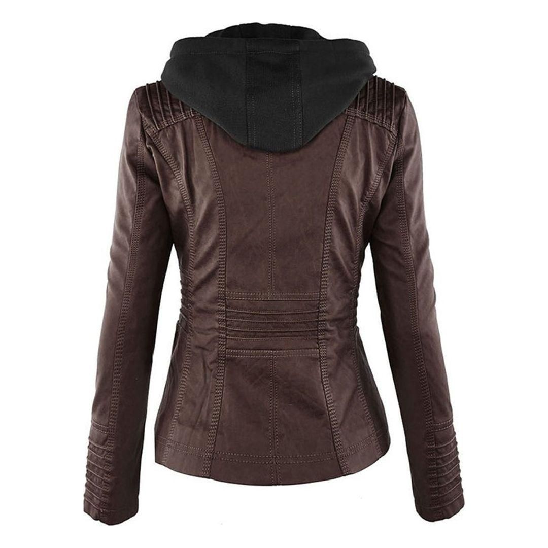 Giacca autunnale da donna con cappuccio – Giacca in pelle vegana alla moda per tutti i giorni e tempo libero