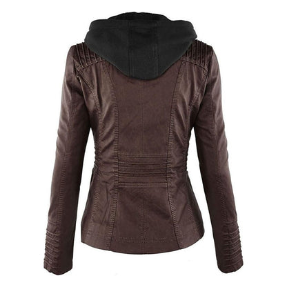 Giacca autunnale da donna con cappuccio – Giacca in pelle vegana alla moda per tutti i giorni e tempo libero