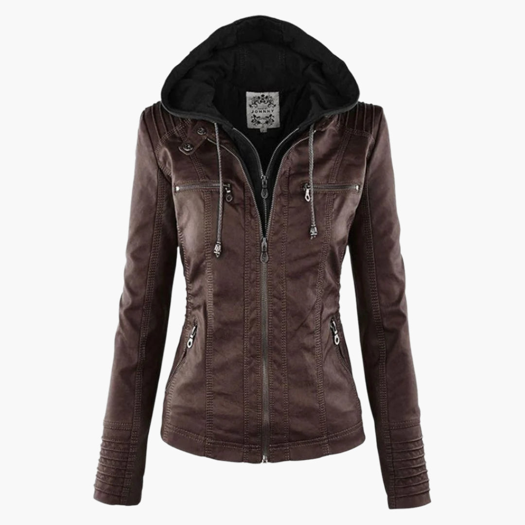 Giacca autunnale da donna con cappuccio – Giacca in pelle vegana alla moda per tutti i giorni e tempo libero