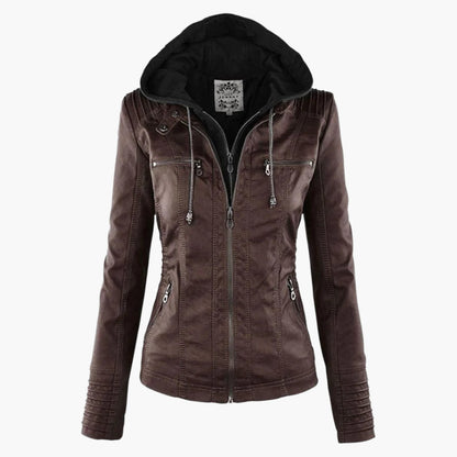 Giacca autunnale da donna con cappuccio – Giacca in pelle vegana alla moda per tutti i giorni e tempo libero