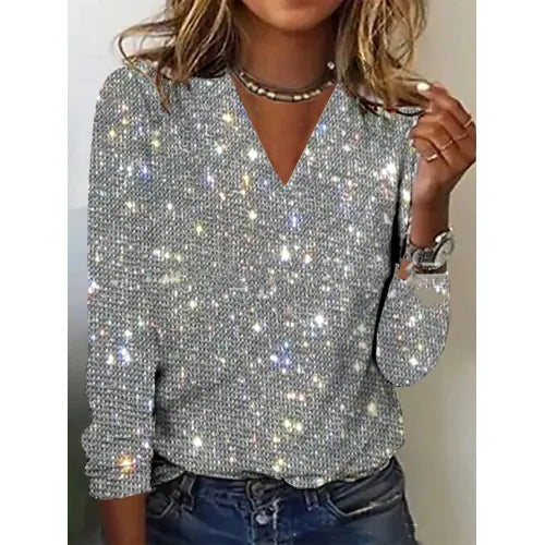 Maglione da donna con paillettes e scollo a V – Stile elegante per feste e serate