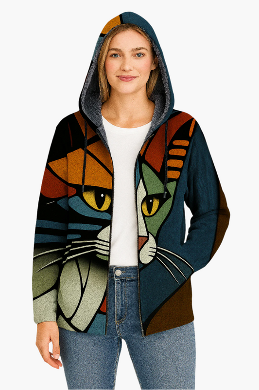 Dames capuchonjas met kunstzinnige kattenprint – stijlvolle vrijetijdsjas voor kattenliefhebbers