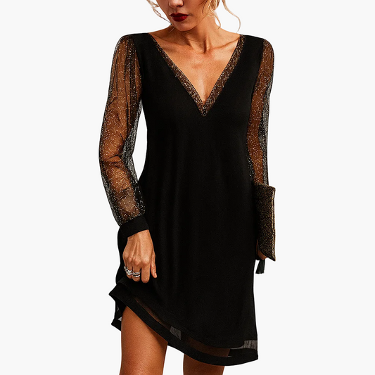 Vestido de noche para mujer con mangas de malla brillante y escote en V – Vestido elegante para fiestas y ocasiones especiales