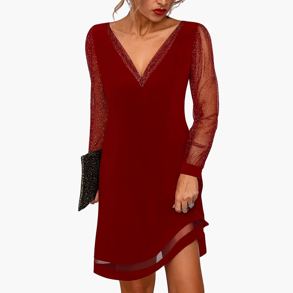 Damen Abendkleid mit Glitzer-Mesh-Ärmeln und V-Ausschnitt – Elegantes Partykleid für festliche Anlässe
