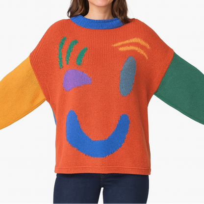 Jersey de punto con motivo abstracto de rostro para mujer – Look cómodo para fines de semana y tiempo libre