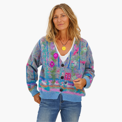 Dame strikcardigan i boho-stil med blomsterdetaljer – Moderigtig cardigan til fritid og hverdag