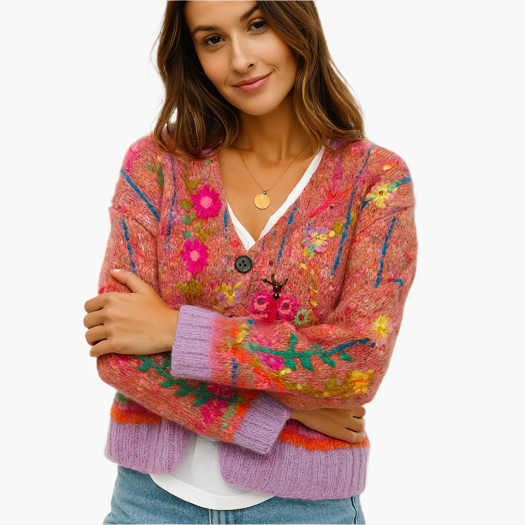 Dame strikcardigan i boho-stil med blomsterdetaljer – Moderigtig cardigan til fritid og hverdag
