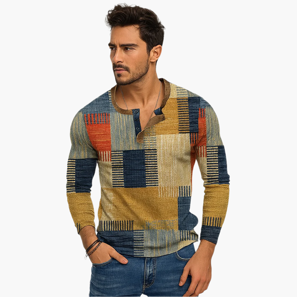 Camiseta henley patchwork de hombre de manga larga – Suéter casual de moda para otoño e invierno