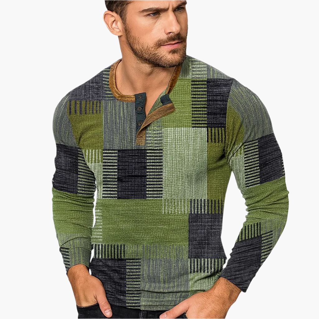 Camiseta henley patchwork de hombre de manga larga – Suéter casual de moda para otoño e invierno