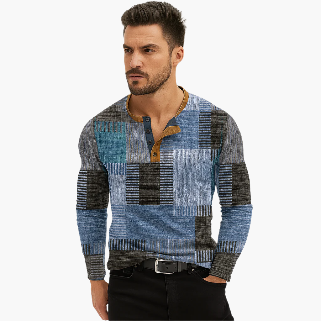Camiseta henley patchwork de hombre de manga larga – Suéter casual de moda para otoño e invierno