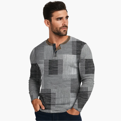 Camiseta henley patchwork de hombre de manga larga – Suéter casual de moda para otoño e invierno