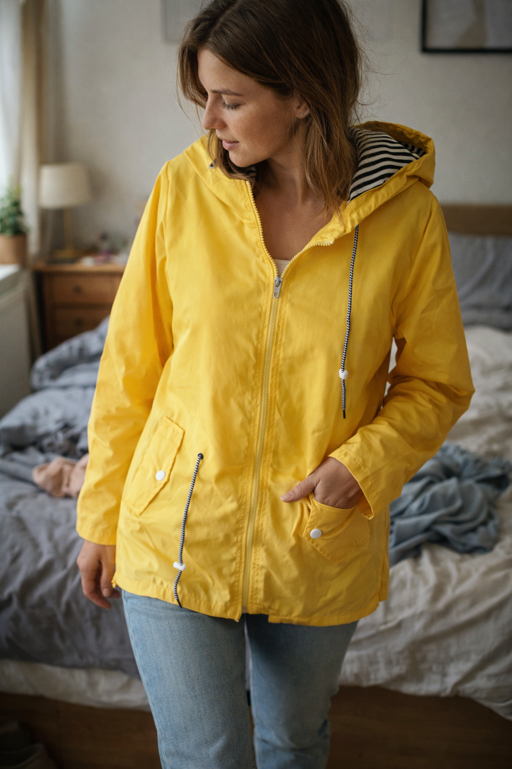 Regenjas voor dames met lange mouwen, capuchon en zakken