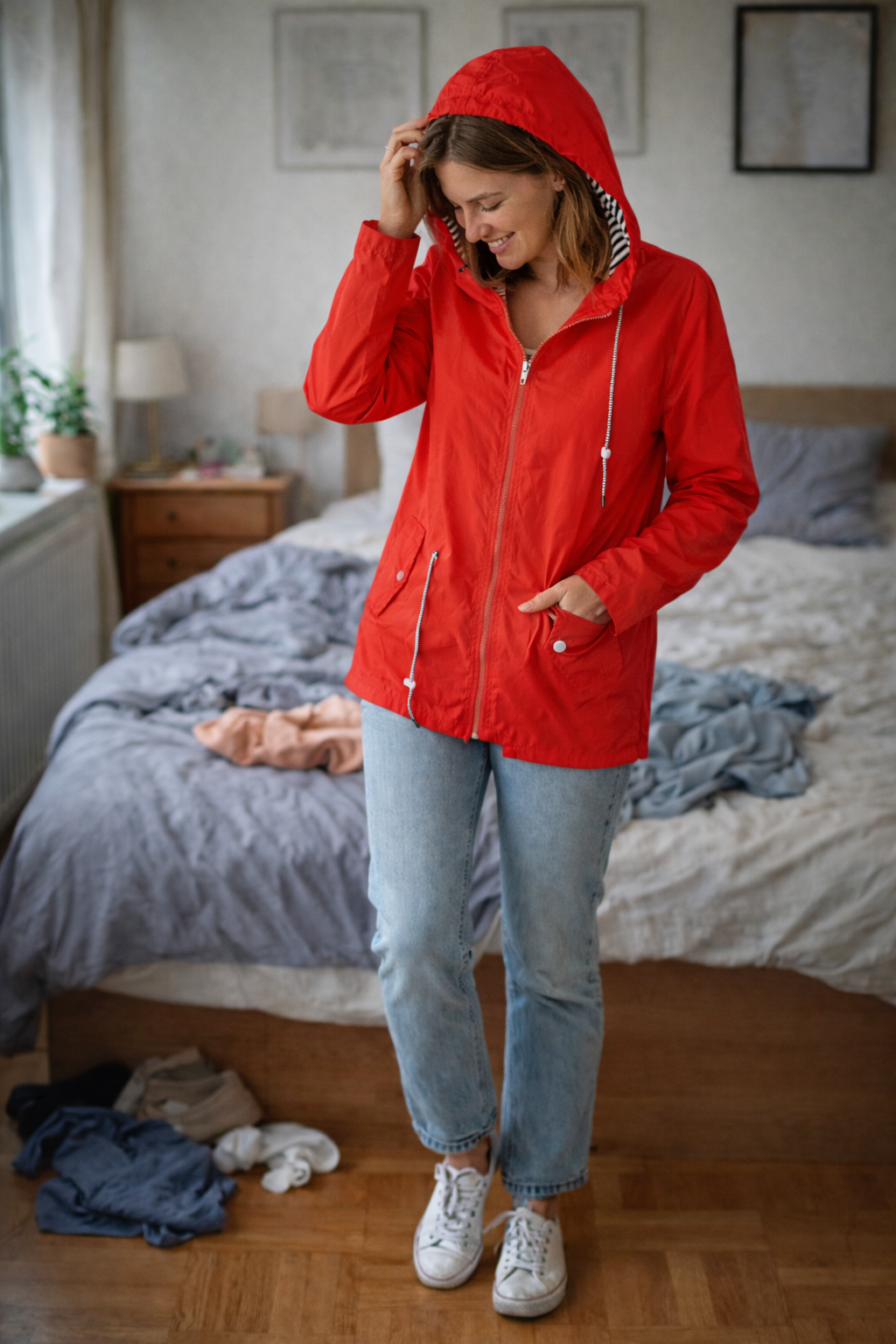 Regenjas voor dames met lange mouwen, capuchon en zakken