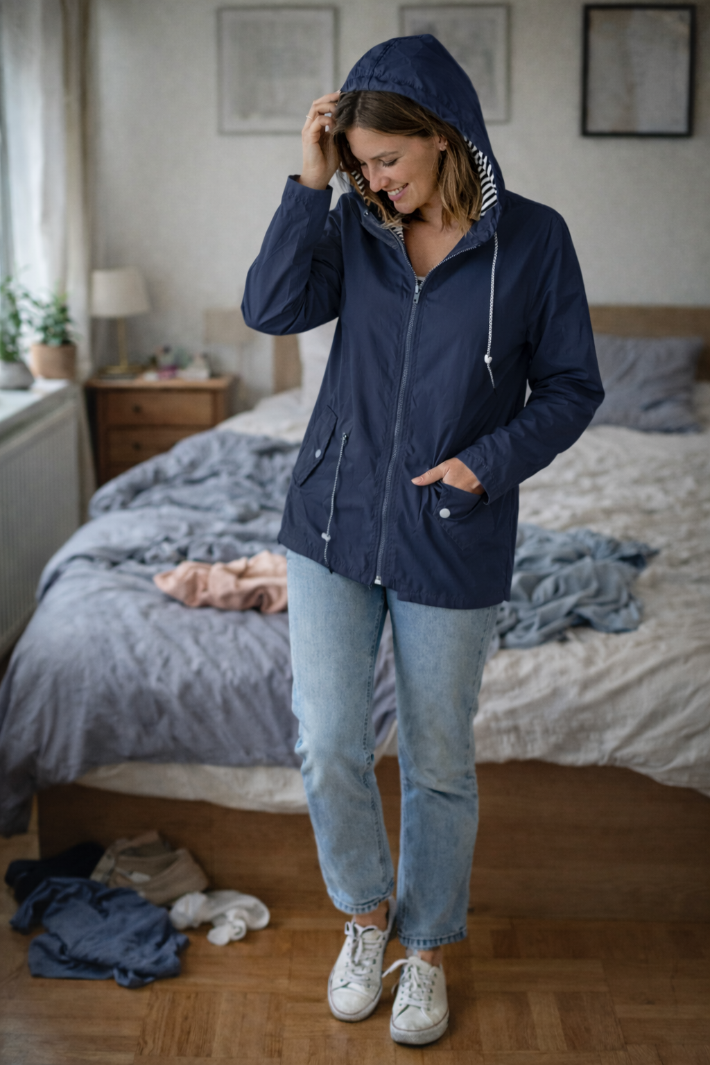 Regenjas voor dames met lange mouwen, capuchon en zakken