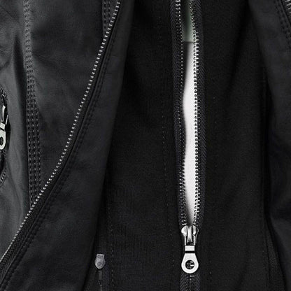 Giacca autunnale da donna con cappuccio – Giacca in pelle vegana alla moda per tutti i giorni e tempo libero