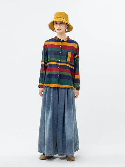 Damen Freizeit Bluse mit breiten Streifen und Stehkragen – Lässig, modisch, ideal für Alltag und Büro