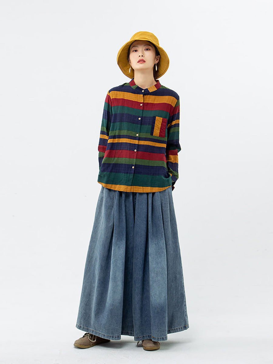 Damen Freizeit Bluse mit breiten Streifen und Stehkragen – Lässig, modisch, ideal für Alltag und Büro