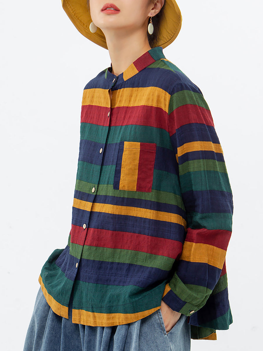 Damen Freizeit Bluse mit breiten Streifen und Stehkragen – Lässig, modisch, ideal für Alltag und Büro