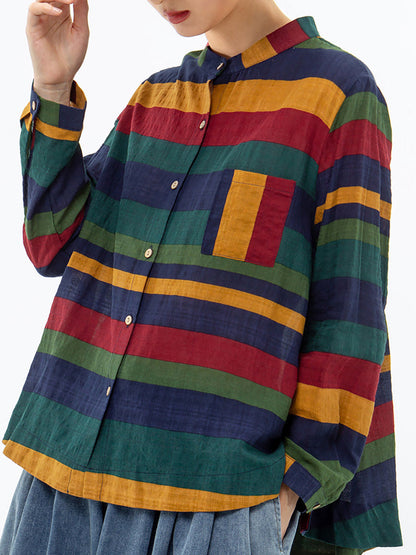 Damen Freizeit Bluse mit breiten Streifen und Stehkragen – Lässig, modisch, ideal für Alltag und Büro