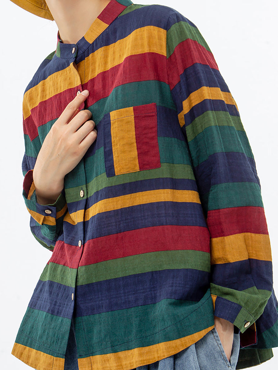 Damen Freizeit Bluse mit breiten Streifen und Stehkragen – Lässig, modisch, ideal für Alltag und Büro