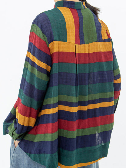 Damen Freizeit Bluse mit breiten Streifen und Stehkragen – Lässig, modisch, ideal für Alltag und Büro