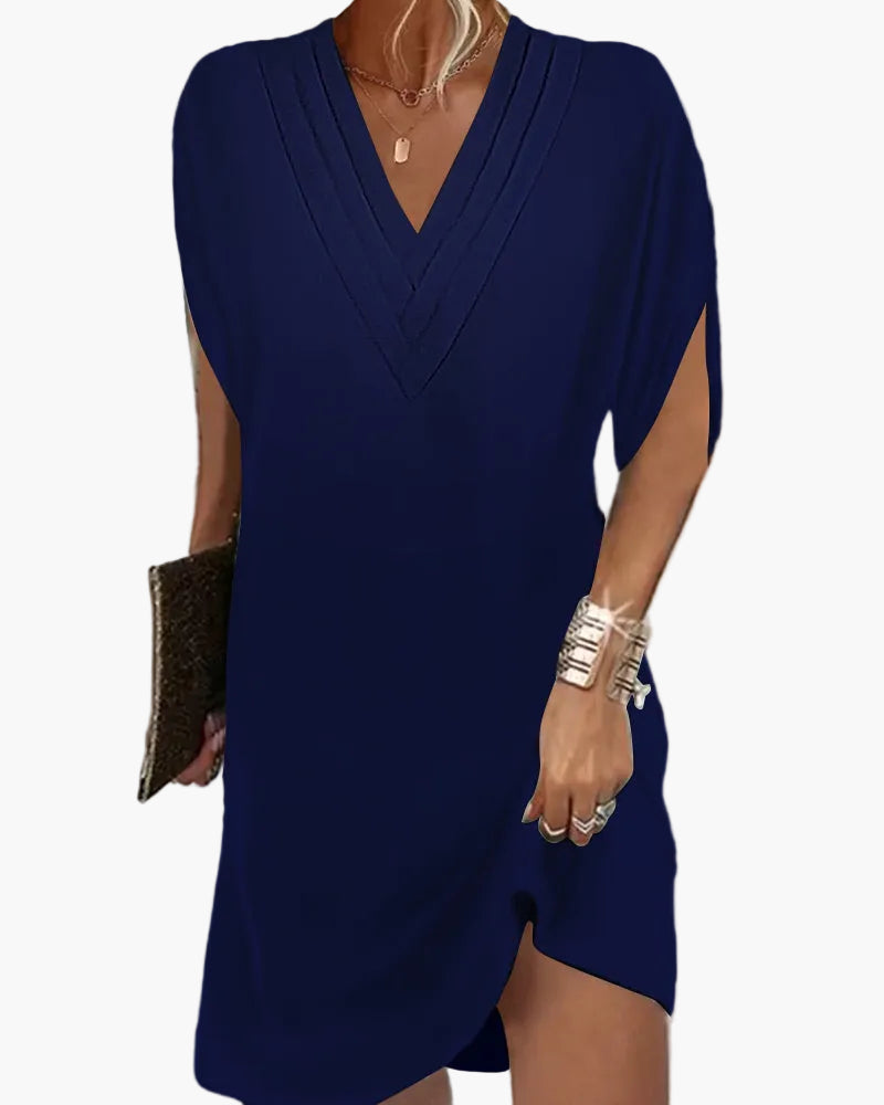 Damen Kleid mit V-Ausschnitt und modernen Schlitzärmeln – Eleganter Freizeitstil für Alltag und Events
