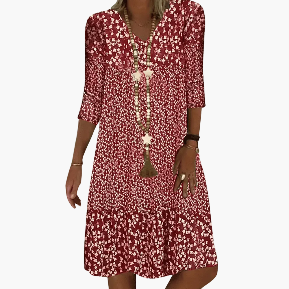 Damen Freizeitkleid mit Blumenmuster und 3/4-Ärmeln – Lockeres Sommerkleid für Alltag & Urlaub