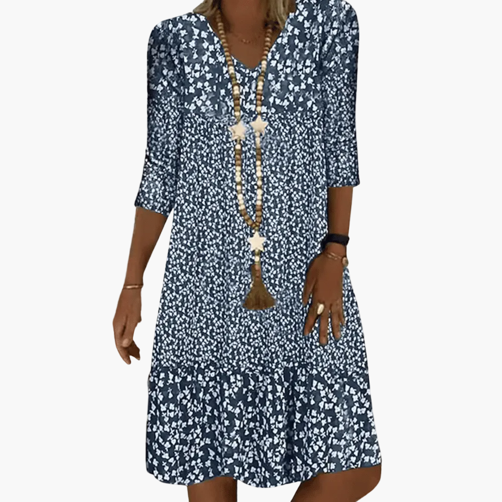 Damen Freizeitkleid mit Blumenmuster und 3/4-Ärmeln – Lockeres Sommerkleid für Alltag & Urlaub