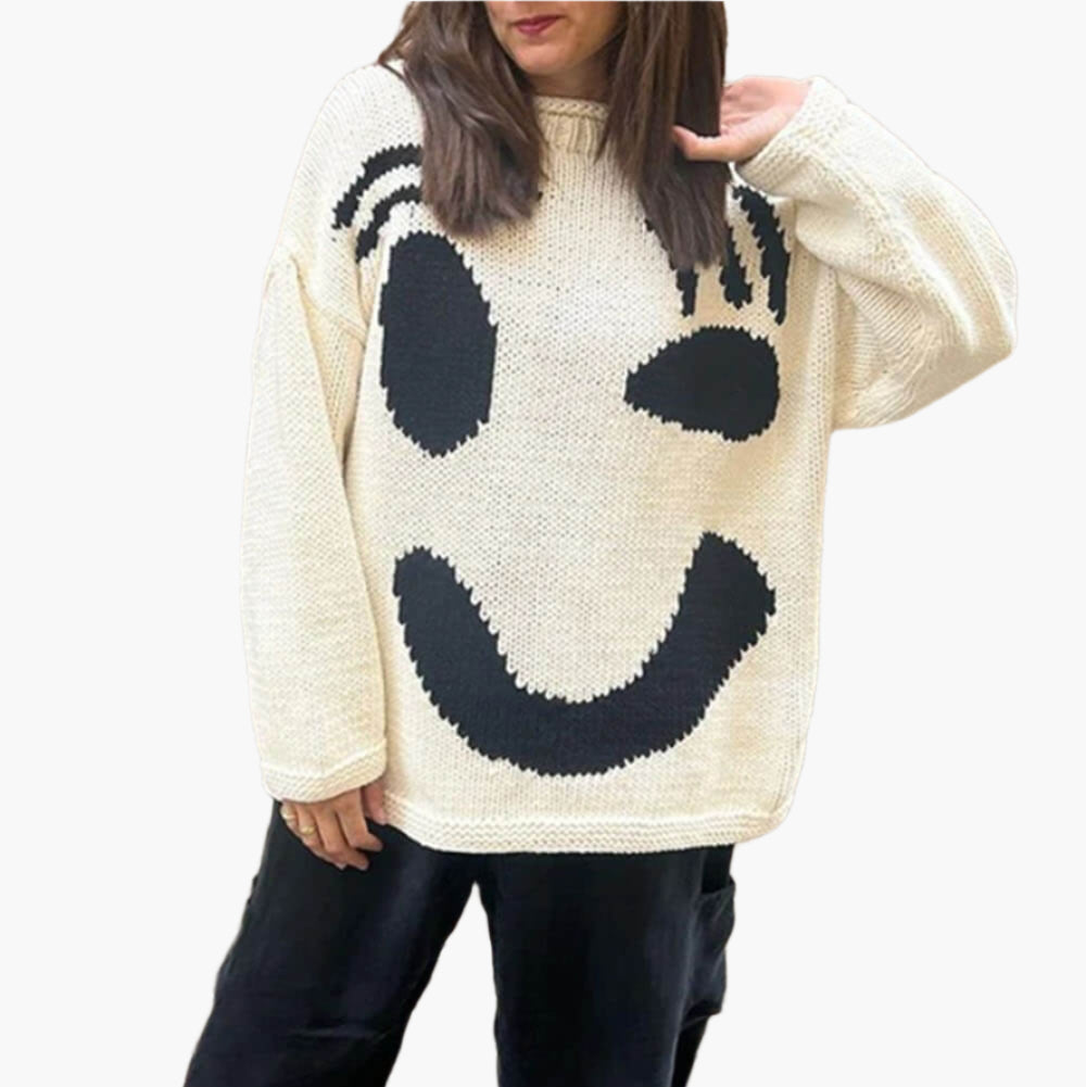 Jersey de punto con motivo abstracto de rostro para mujer – Look cómodo para fines de semana y tiempo libre