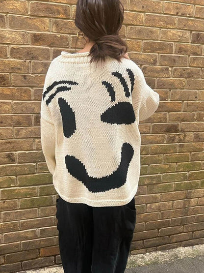 Jersey de punto con motivo abstracto de rostro para mujer – Look cómodo para fines de semana y tiempo libre