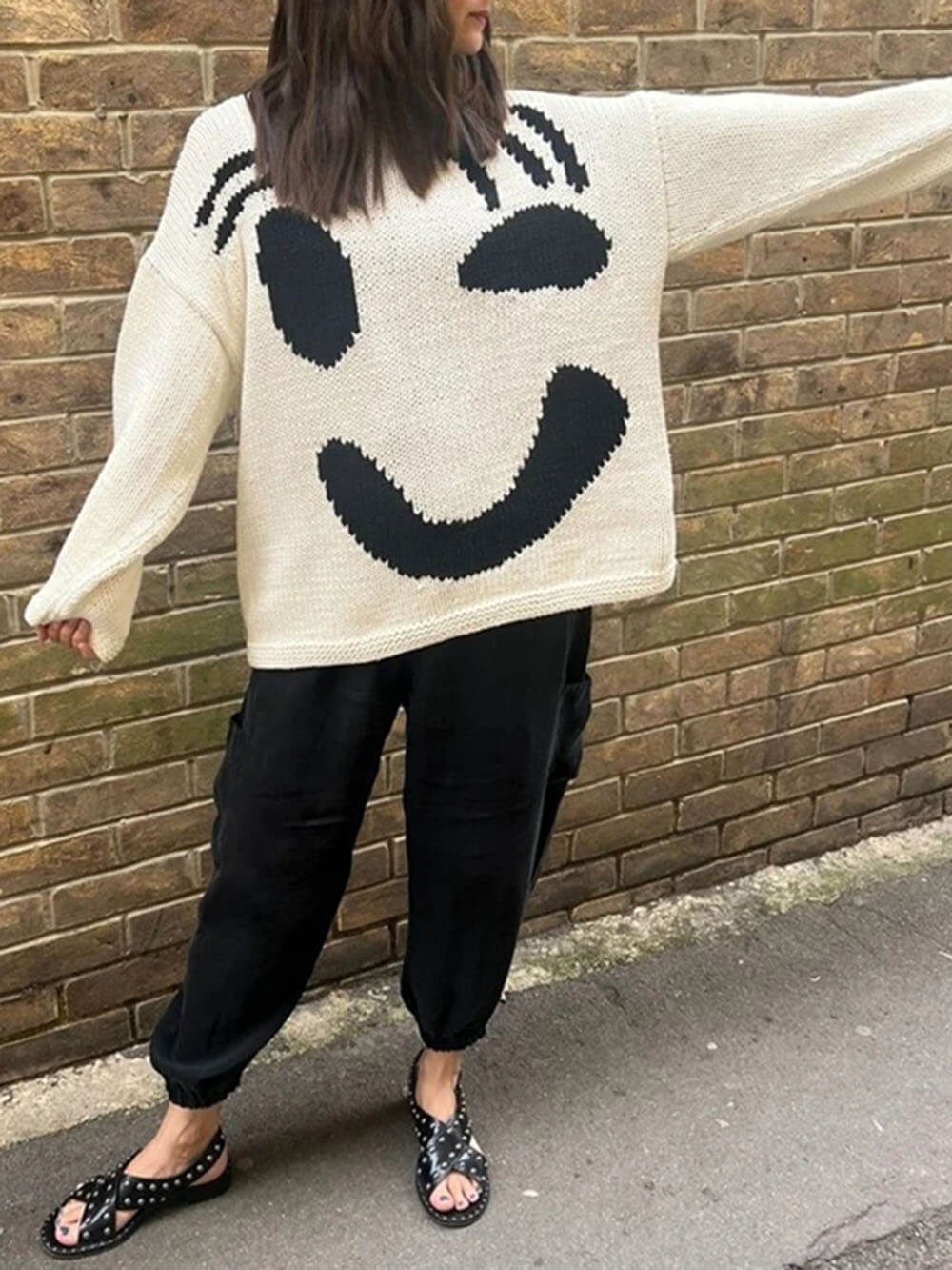 Jersey de punto con motivo abstracto de rostro para mujer – Look cómodo para fines de semana y tiempo libre