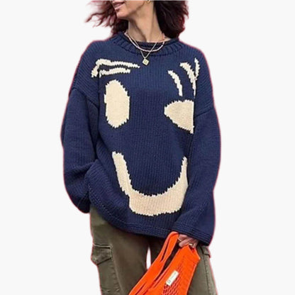 Jersey de punto con motivo abstracto de rostro para mujer – Look cómodo para fines de semana y tiempo libre