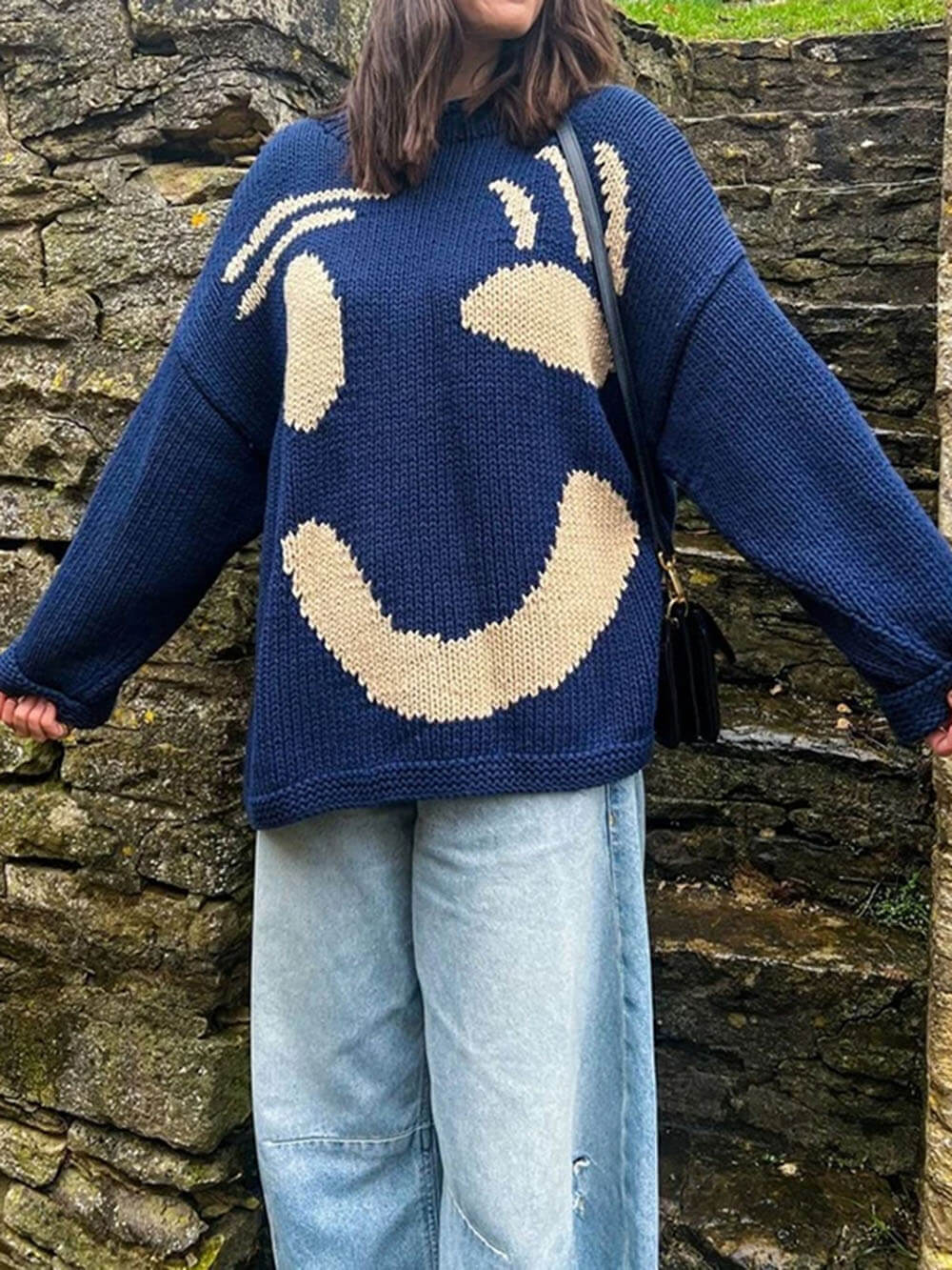 Jersey de punto con motivo abstracto de rostro para mujer – Look cómodo para fines de semana y tiempo libre