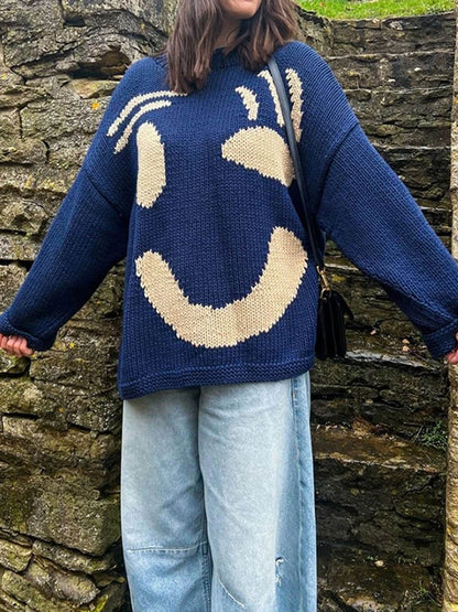 Jersey de punto con motivo abstracto de rostro para mujer – Look cómodo para fines de semana y tiempo libre