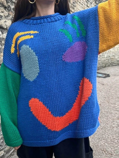 Jersey de punto con motivo abstracto de rostro para mujer – Look cómodo para fines de semana y tiempo libre