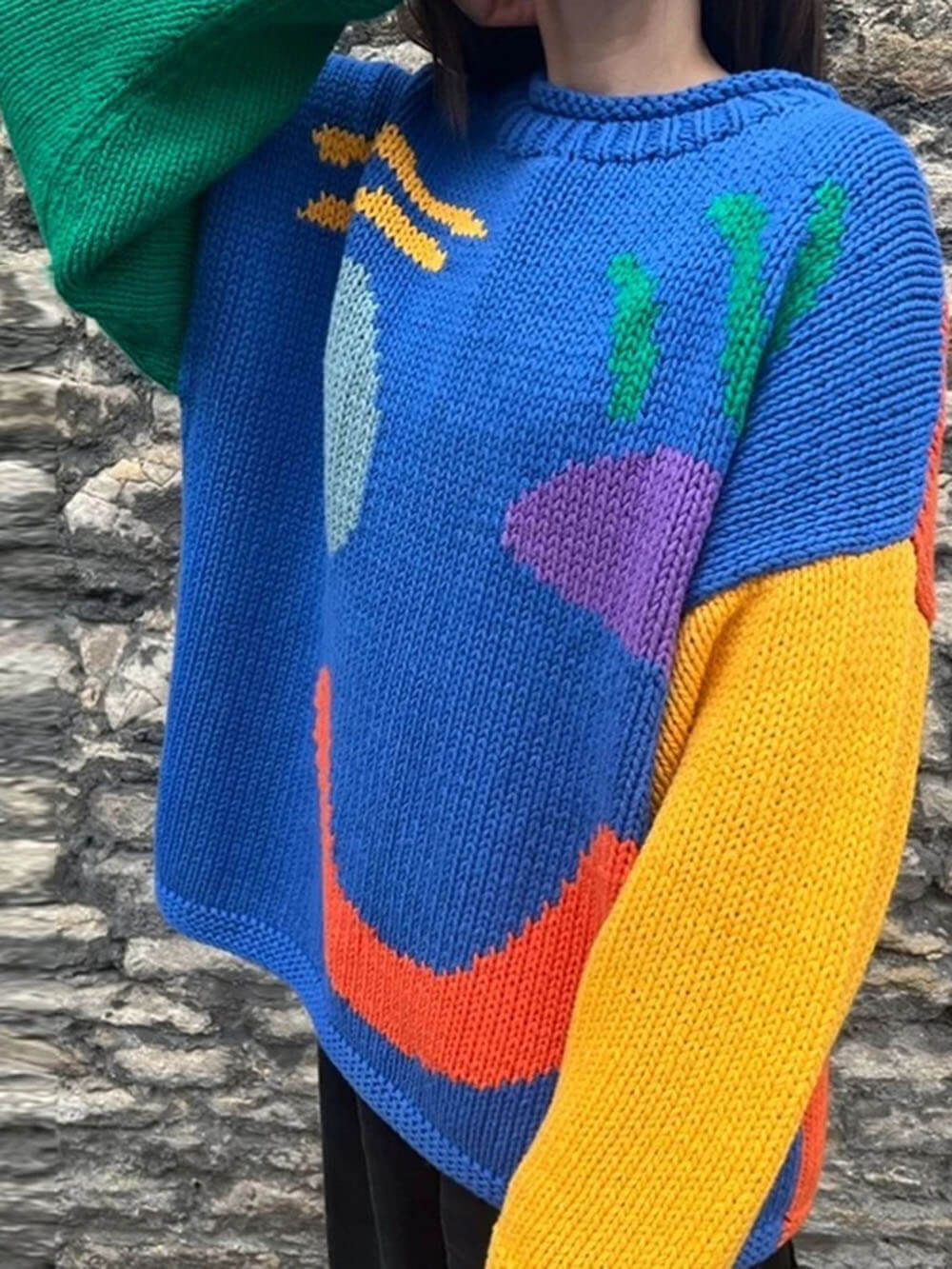 Jersey de punto con motivo abstracto de rostro para mujer – Look cómodo para fines de semana y tiempo libre
