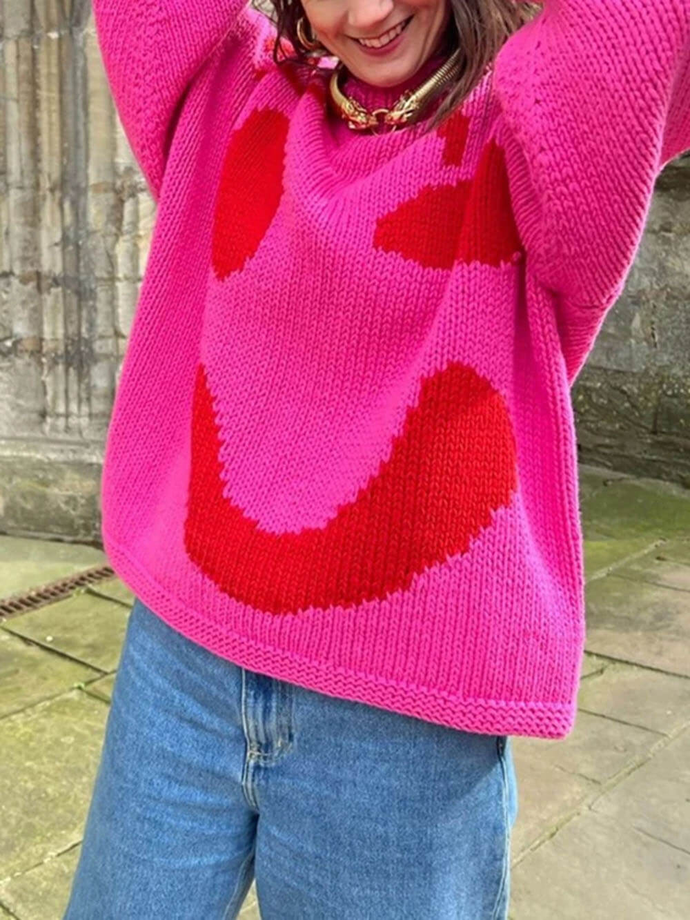 Jersey de punto con motivo abstracto de rostro para mujer – Look cómodo para fines de semana y tiempo libre