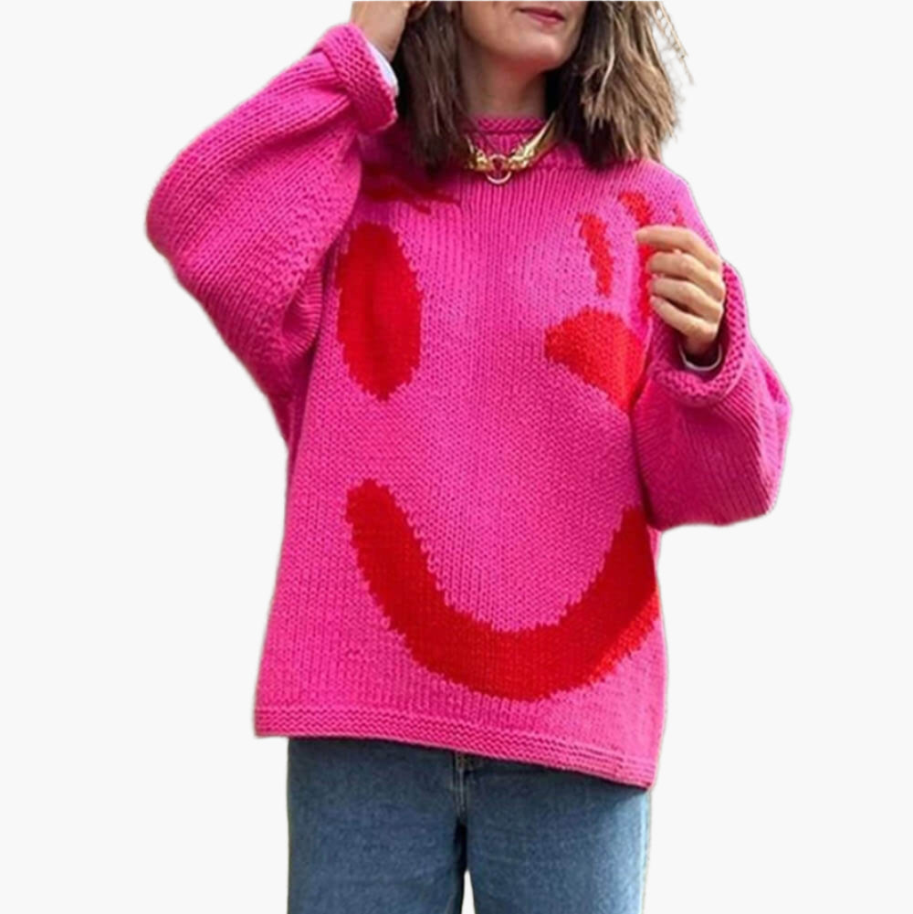 Jersey de punto con motivo abstracto de rostro para mujer – Look cómodo para fines de semana y tiempo libre
