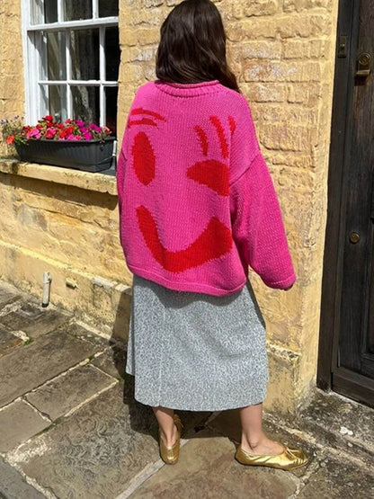 Jersey de punto con motivo abstracto de rostro para mujer – Look cómodo para fines de semana y tiempo libre