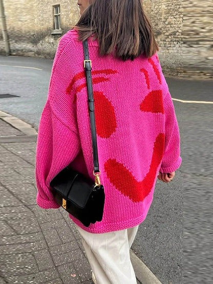 Jersey de punto con motivo abstracto de rostro para mujer – Look cómodo para fines de semana y tiempo libre