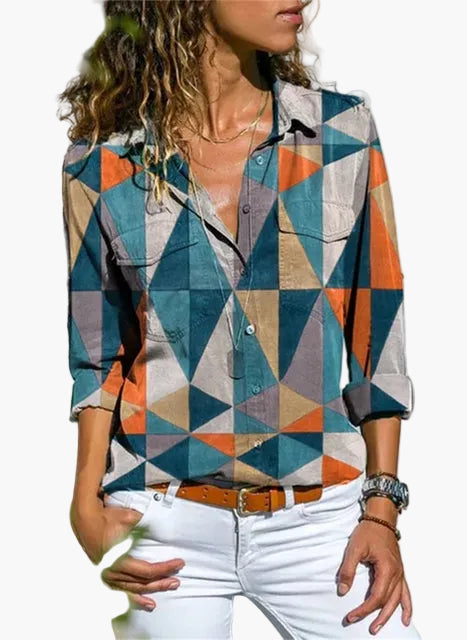Dame fritidsbluse med geometrisk mønster – Moderigtig skjortebluse til hverdag og kontor