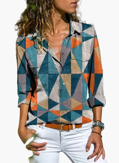 Dame fritidsbluse med geometrisk mønster – Moderigtig skjortebluse til hverdag og kontor