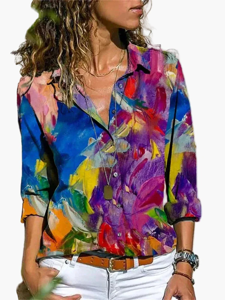 Dame fritidsbluse med geometrisk mønster – Moderigtig skjortebluse til hverdag og kontor