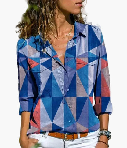 Dame fritidsbluse med geometrisk mønster – Moderigtig skjortebluse til hverdag og kontor