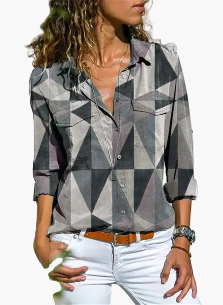 Dame fritidsbluse med geometrisk mønster – Moderigtig skjortebluse til hverdag og kontor