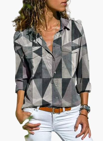 Dame fritidsbluse med geometrisk mønster – Moderigtig skjortebluse til hverdag og kontor