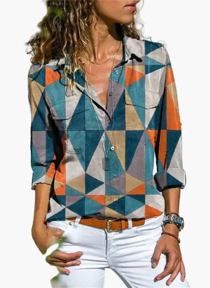 Dame fritidsbluse med geometrisk mønster – Moderigtig skjortebluse til hverdag og kontor